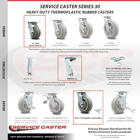 Service Caster 4 Inch SS Thermoplastic Rubber Swivel Caster with Roller Bearing and Swivel Lock SCC-SS30S420-TPRRF-BSL